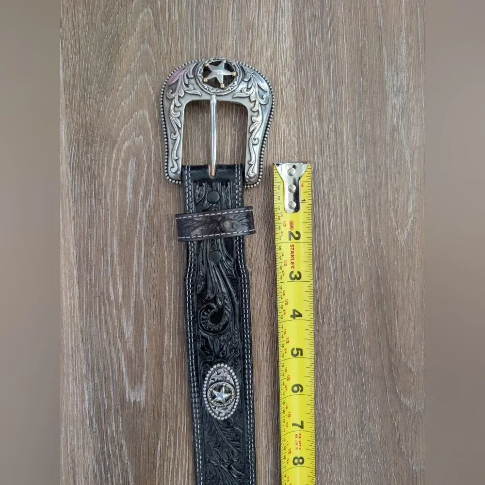 Justin 5 Star Ranch Concho Black Tooled Leather Belt Sz 34